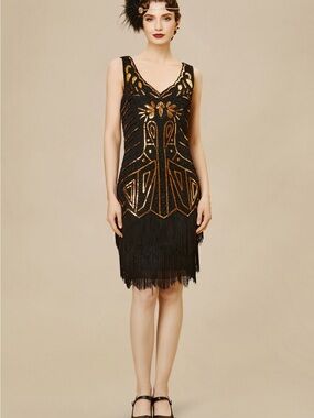 Babeyond Black & Gold Art Deco Fringe Cocktail Dress flapper costume sequins